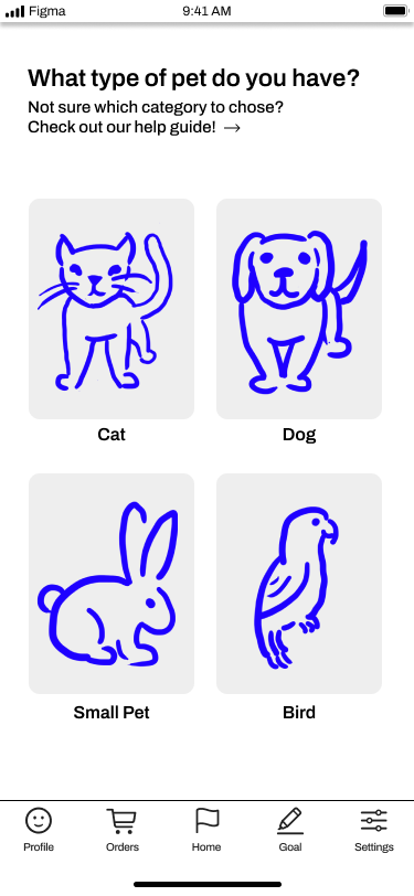 The pet type selection screen mockup