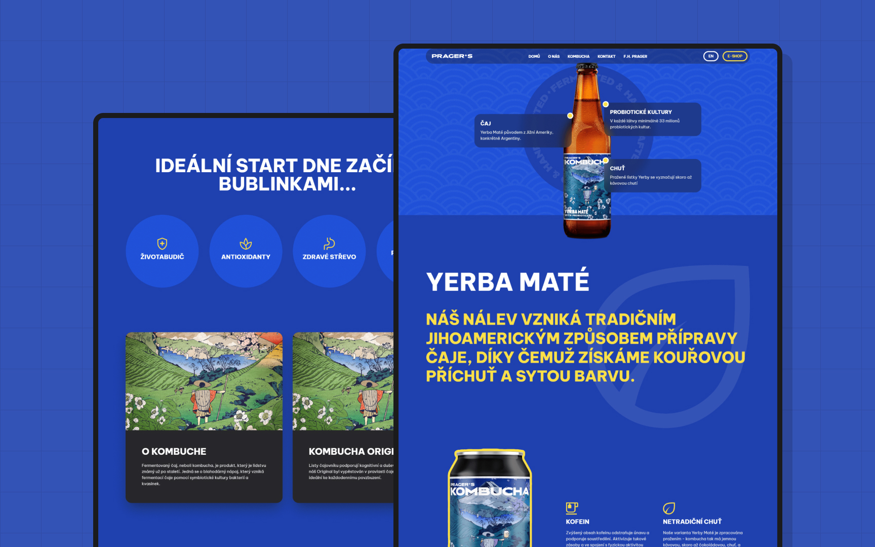 A product page with information about yerba maté kombucha