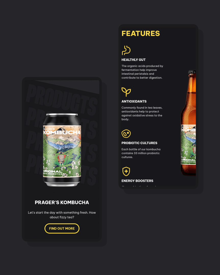 PRAGER'S Kombucha mobile UI