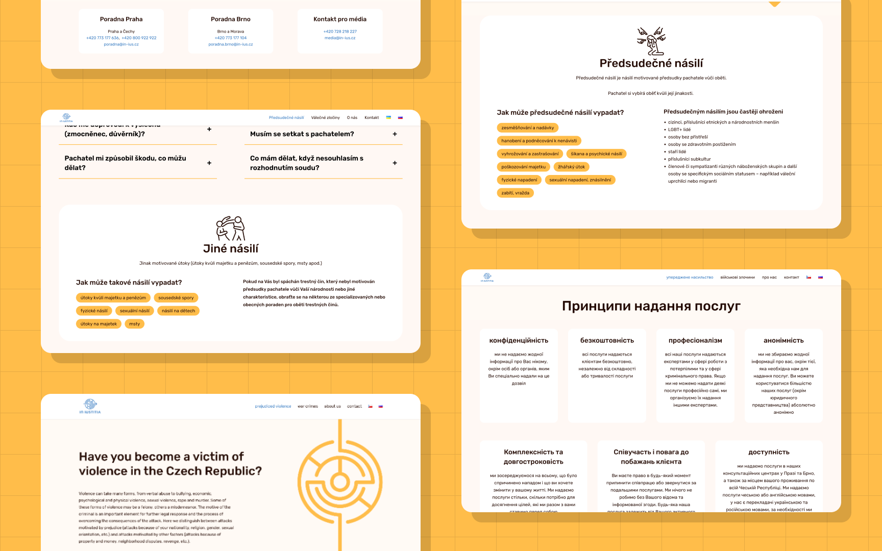 Various screens of the website covering the topic of bias violence and victims of violence