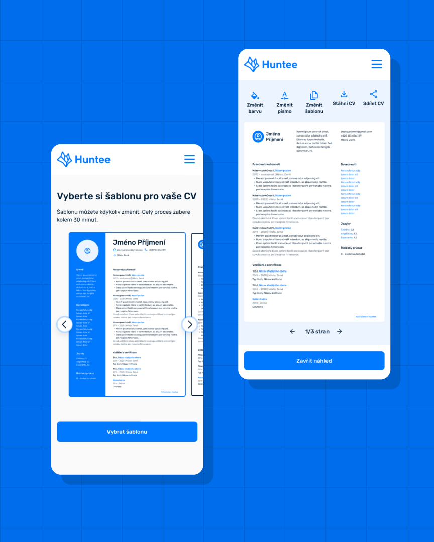 Set of mobile screens with CV selector and editor of the CV editor Huntee