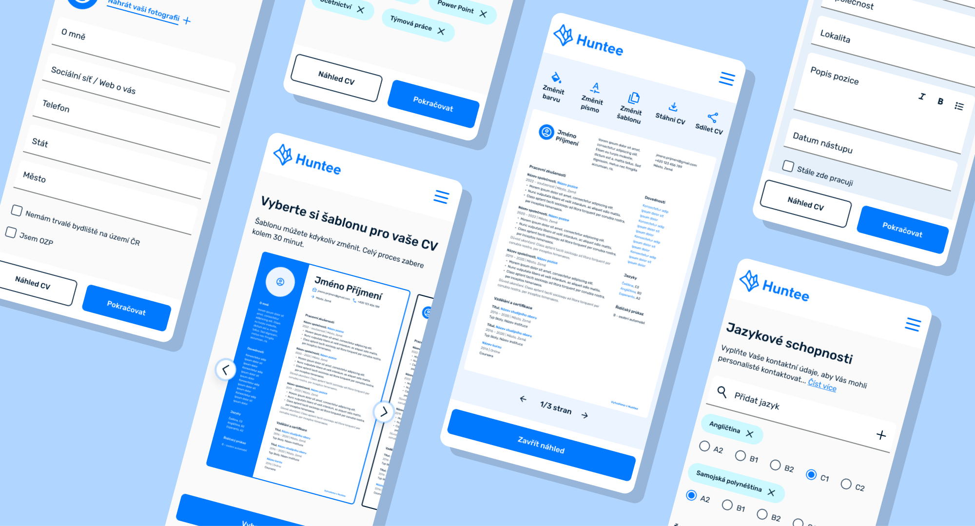 Set of mobile screens with different designs of the CV editor Huntee